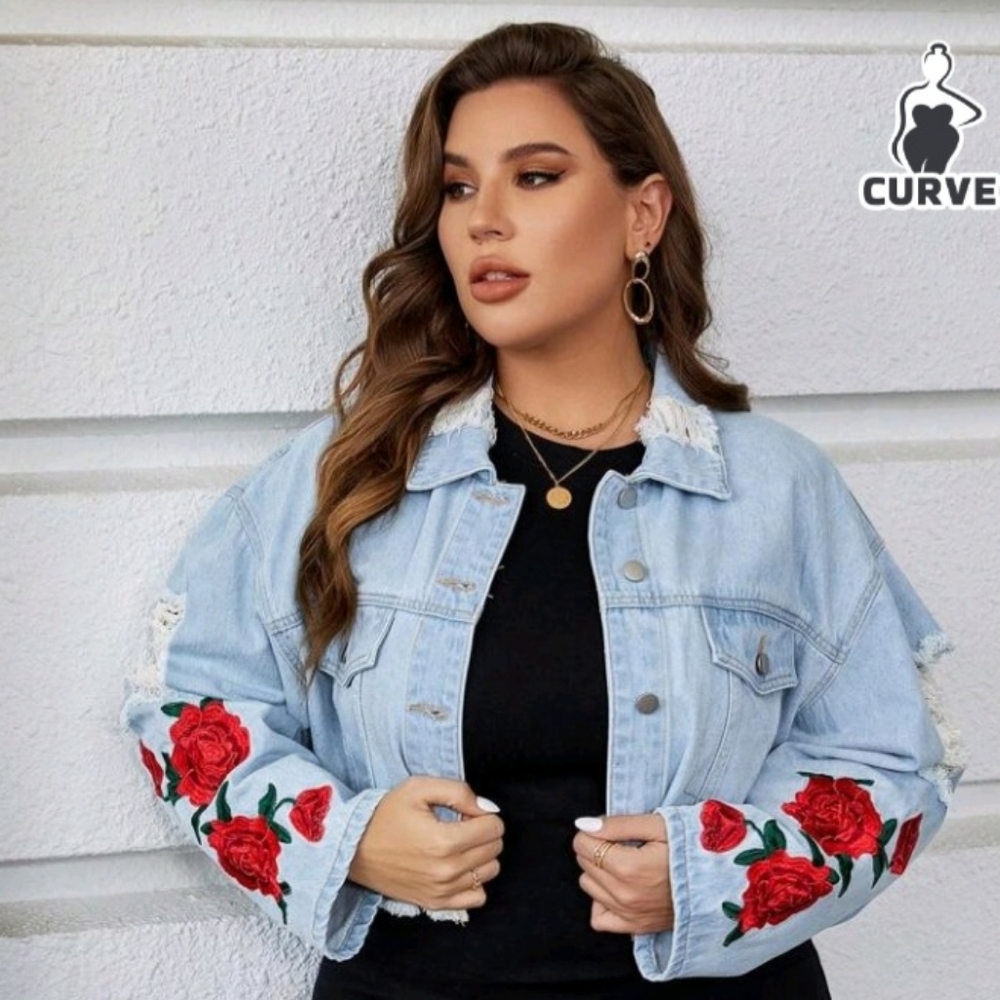 Floral Embroidery Distressed Denim